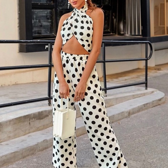 Black and White Polka Dot Halter Top/ Bottom Set - Picture 3 of 3